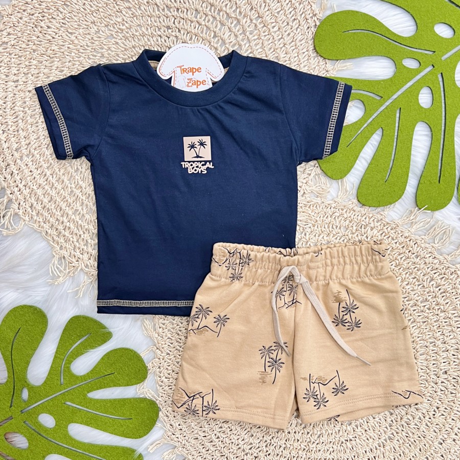 Conj. Camiseta Tropical Boys e Bermuda - Marinho e Caramelo